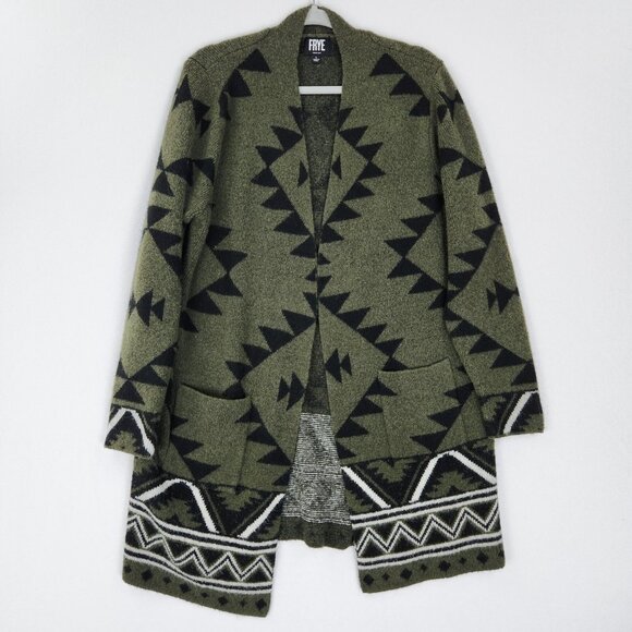 Frye Sweater Womens Large Green Black The Cozy Aztec Open Front Long Cardigan - Picture 1 of 10